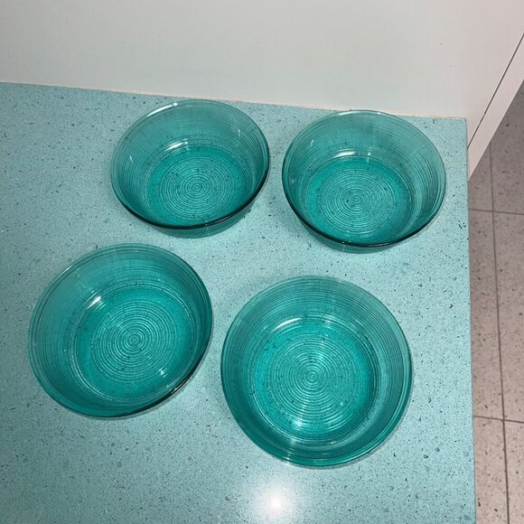 Arcoroc Vintage Cereal Bowl Teal Jardiniere Ribbed Glass Soup Set of 4 France - Picture 7 of 7